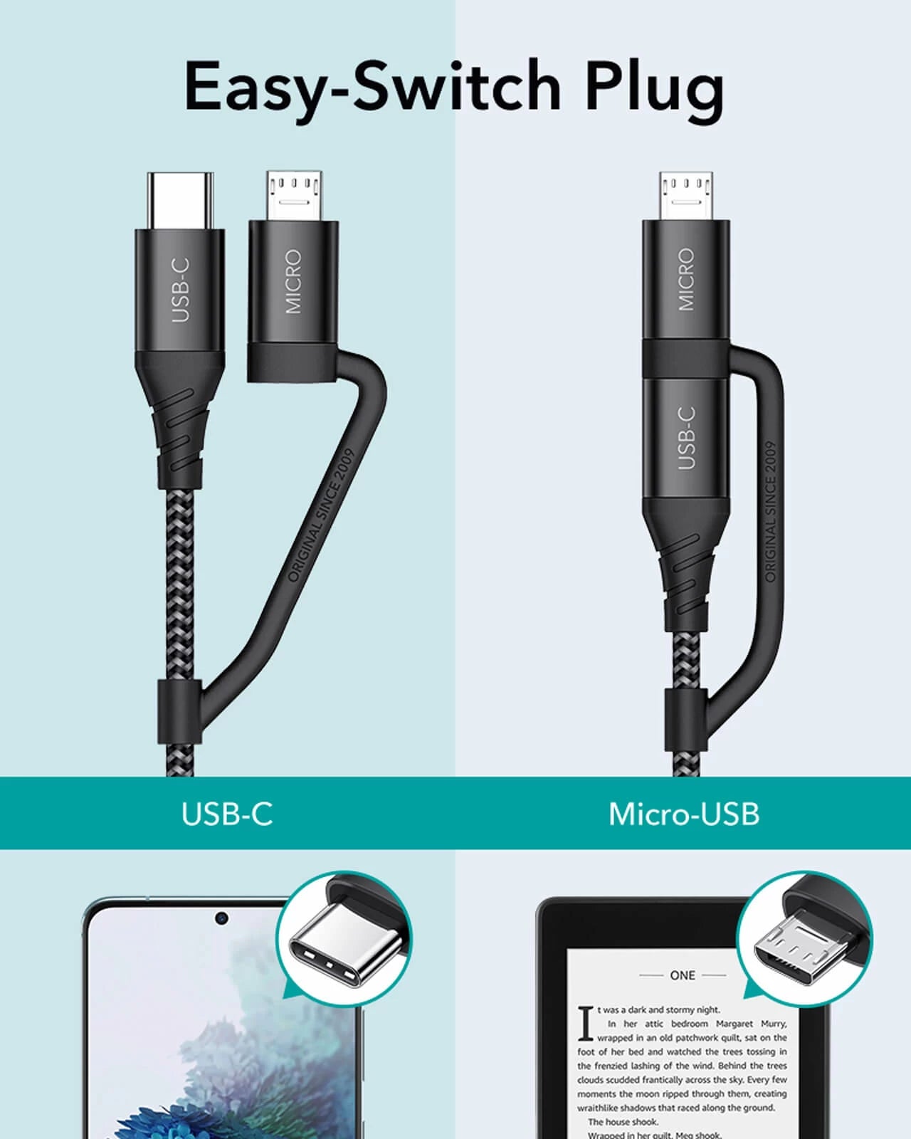 2-in-1 Micro USB + USB-C Charging Cable - Black