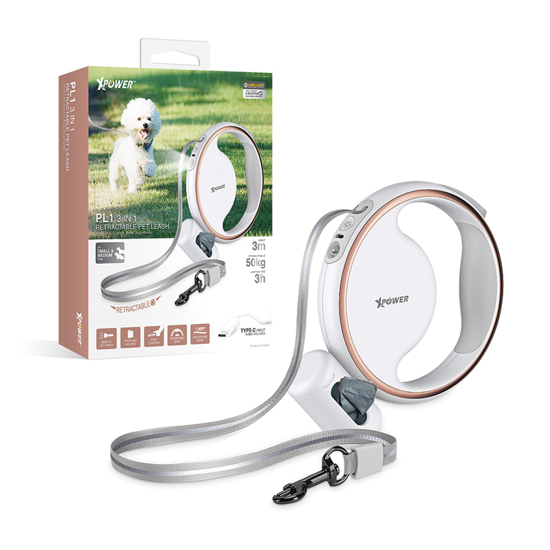 XPower PL1 3in1 Retractable Pet Leash - White