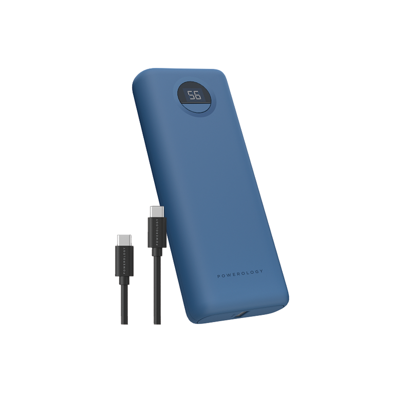 Powerology Power Bank with Charging Cable, Quick Charge Portable Power Bank 30000mAh PD 45W Fast Charging Power Bank with Type-C to Type-C Cable 0.9M - Blue