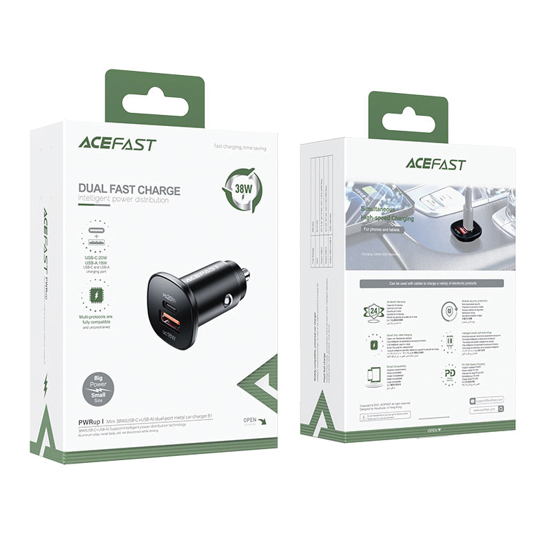 ACEFAST B1 mini 38W(USB-C+USB-A) dual-port metal car charger,black
