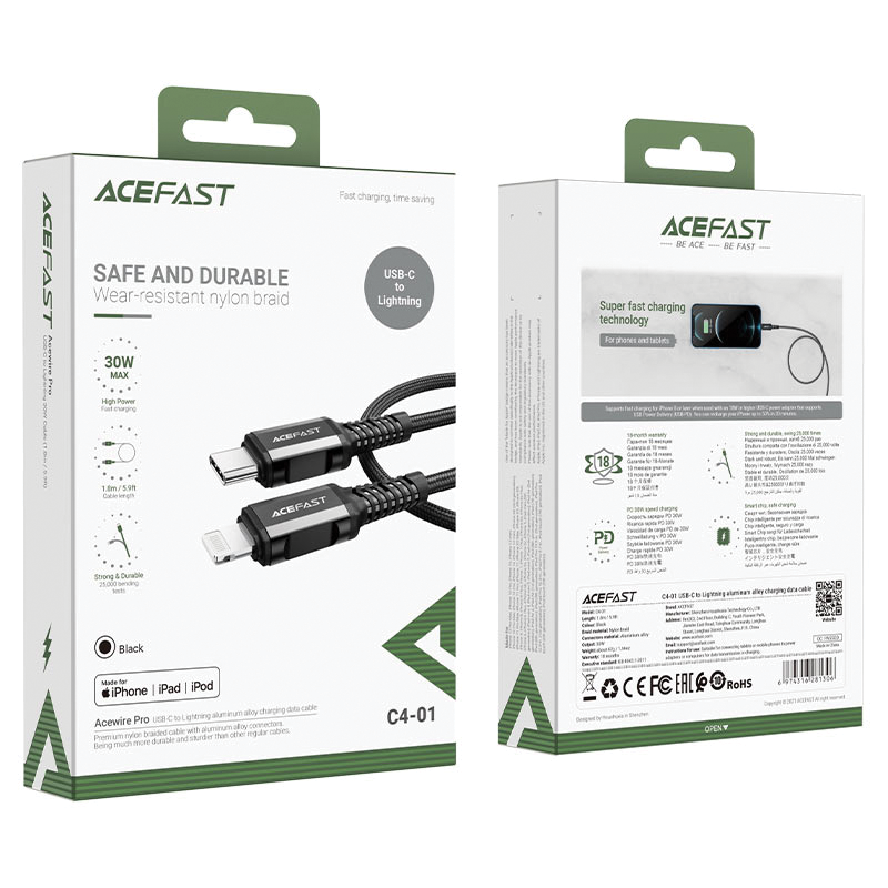 ACEFAST C4-01 USB-C to Lightning aluminum alloy charging data cable (black) (1.8m)